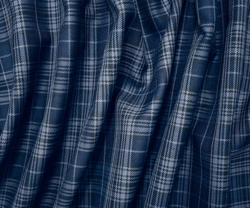 Blue-Black Wool-Polyester Plaid Woven Twill Suiting Fabric