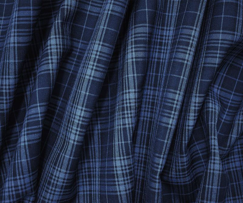 Deep Blue-Black Wool-Polyester Plaid Woven Shirting Fabric