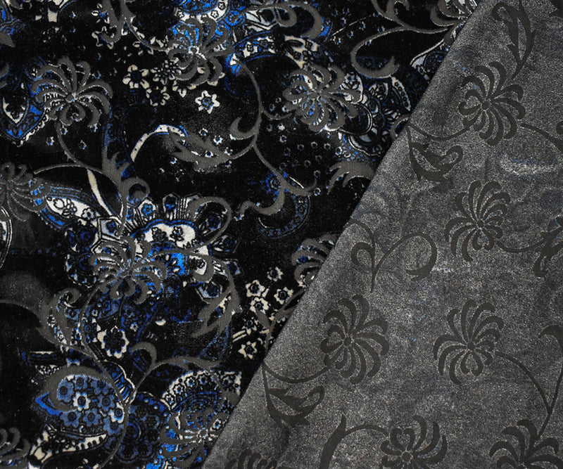 Blue Nylon Blend Famous Designer Paisley Burnout Velvet Knit Fabric