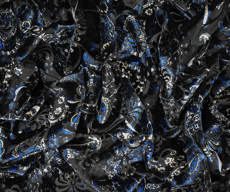 Blue Nylon Blend Famous Designer Paisley Burnout Velvet Knit Fabric