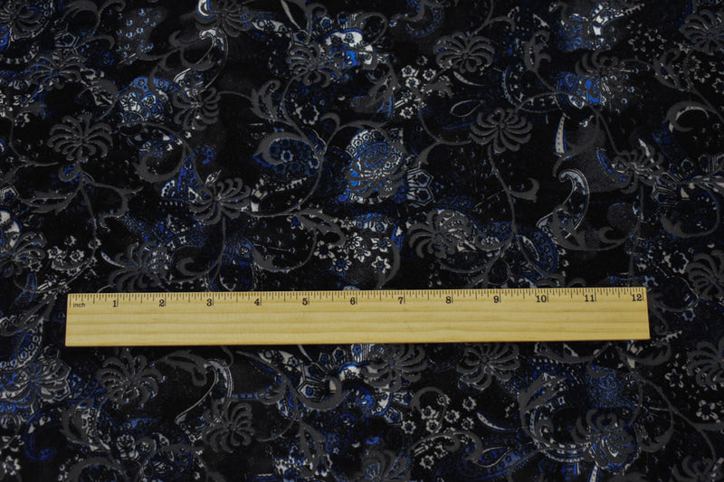 Blue Nylon Blend Famous Designer Paisley Burnout Velvet Knit Fabric