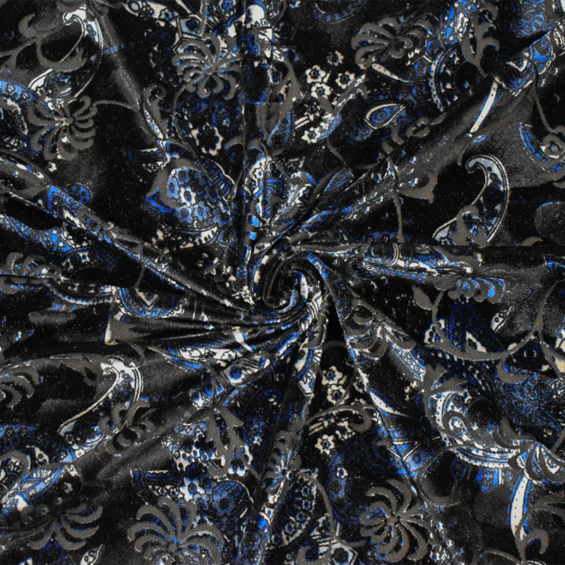 Blue Nylon Blend Famous Designer Paisley Burnout Velvet Knit Fabric