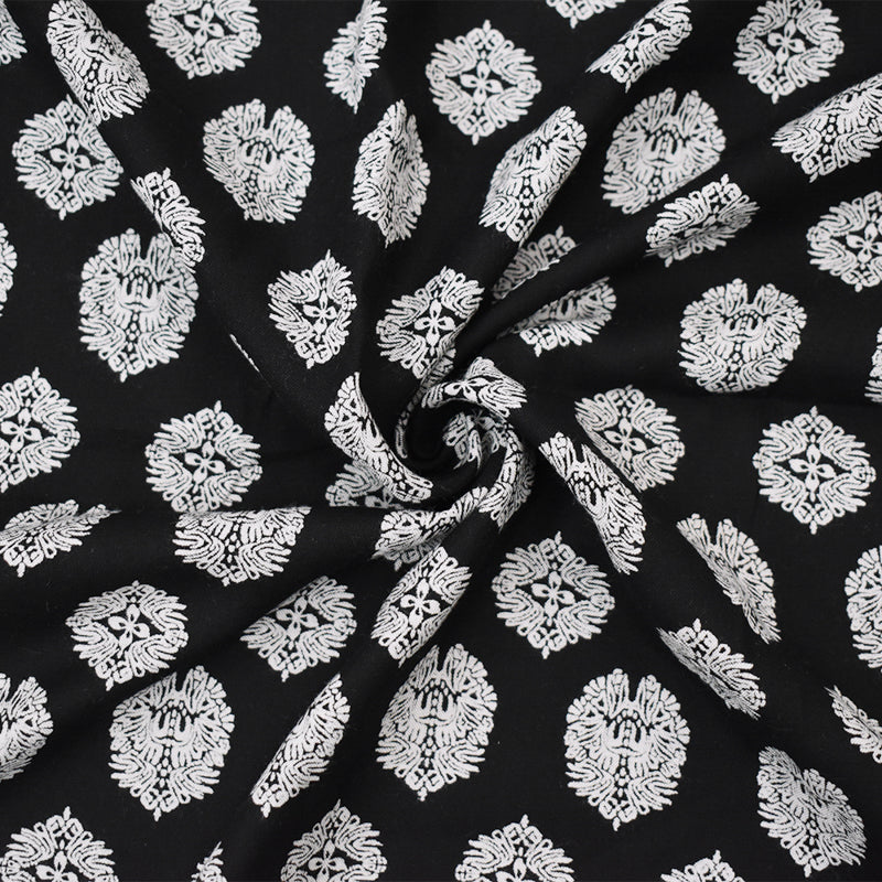 Black Rayon Famous Designer Crest Print Challis Woven Fabric