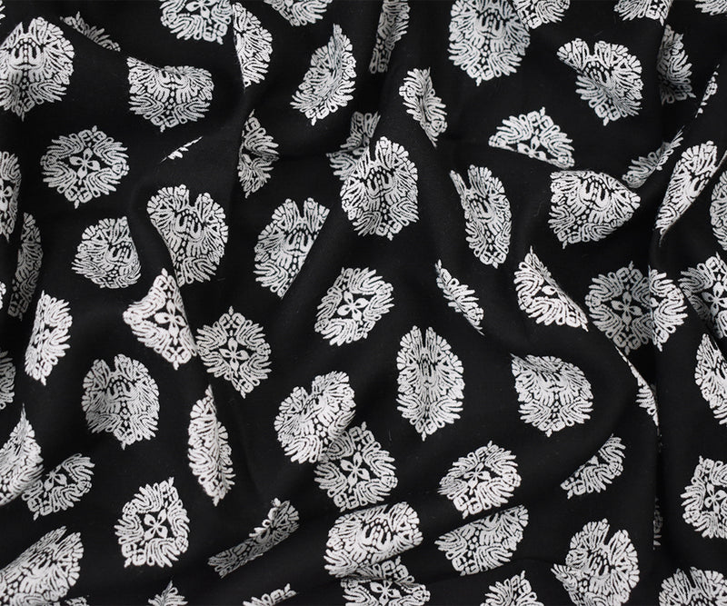 Black Rayon Famous Designer Crest Print Challis Woven Fabric