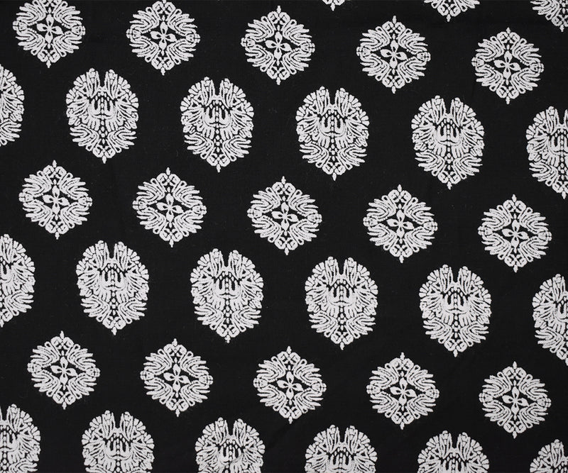 Black Rayon Famous Designer Crest Print Challis Woven Fabric