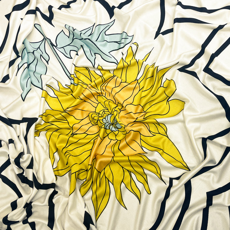 White-Yellow-Multi Floral Abstract Printed Silk Jersey Knit Fabric