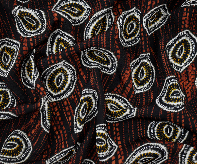 Black-Red-Multi  Abstract Tie Dye Printed Poly Challis Woven Fabric