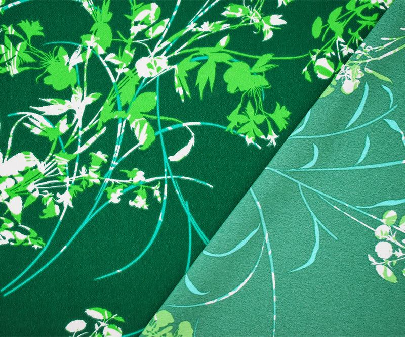 Green-Teal-Multi Polyester Leaves Printed Faille Woven Fabric