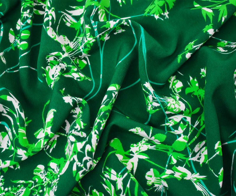 Green-Teal-Multi Polyester Leaves Printed Faille Woven Fabric