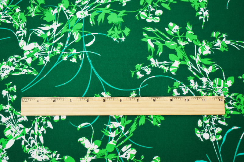 Green-Teal-Multi Polyester Leaves Printed Faille Woven Fabric