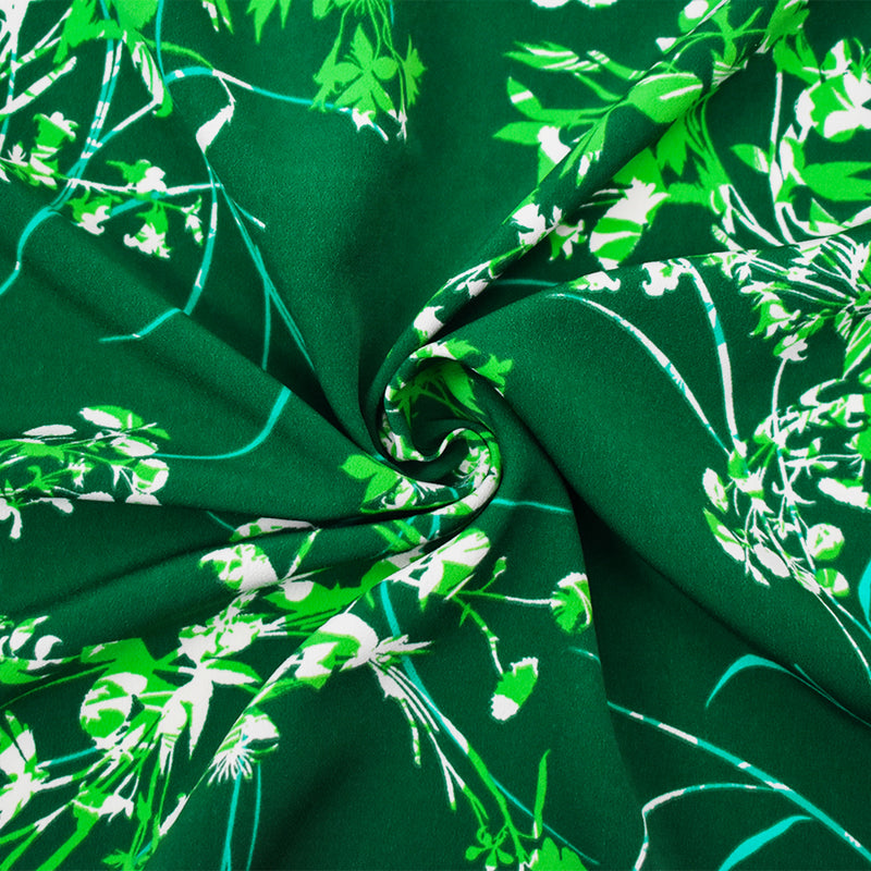 Green-Teal-Multi Polyester Leaves Printed Faille Woven Fabric
