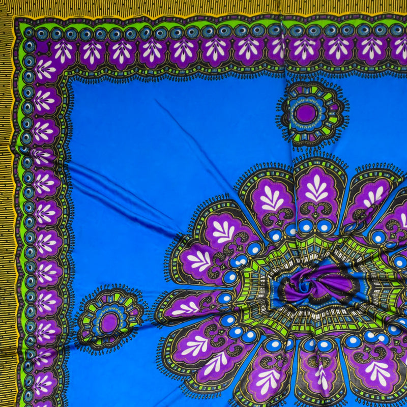 Blue-Multi Floral Medallion Border Print PANEL Silk Jersey Knit Fabric