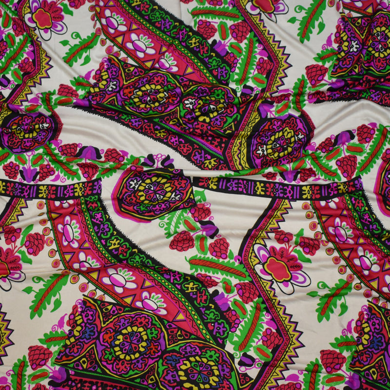 White--Multi  Abstract Floral Border Print Stretch Silk Jersey Knit Fabric