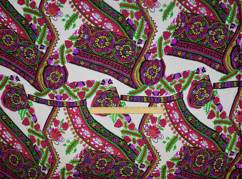 White--Multi  Abstract Floral Border Print Stretch Silk Jersey Knit Fabric