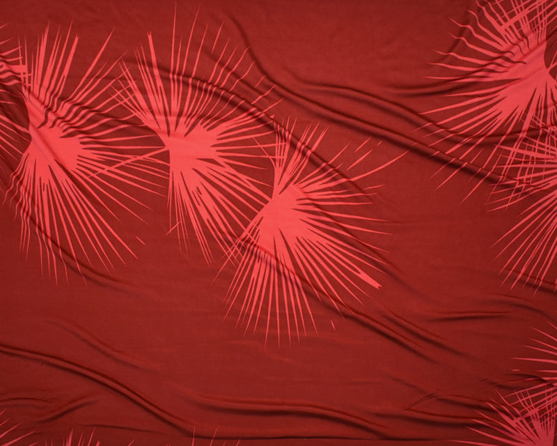Red-Coral Abstract Leaf Printed Stretch Silk Jersey Knit Fabric