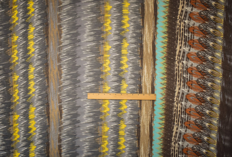 Brown-Gray-Multi Abstract Aztec Border Print Stretch Silk Jersey Knit Fabric