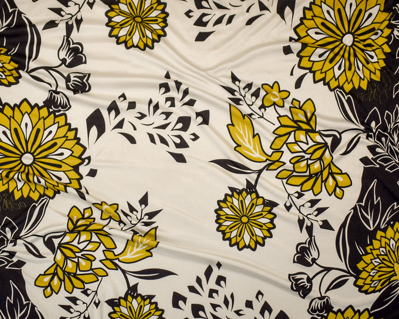 Black-Dijon-White Floral Border Printed Stretch Silk Jersey Knit Fabric