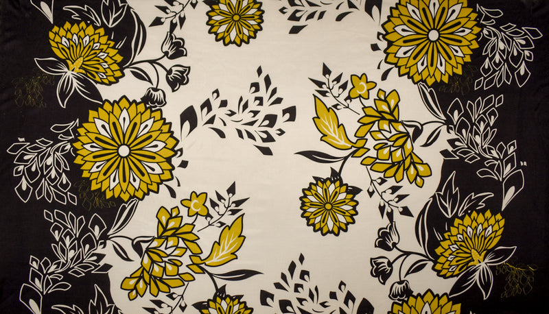 Black-Dijon-White Floral Border Printed Stretch Silk Jersey Knit Fabric