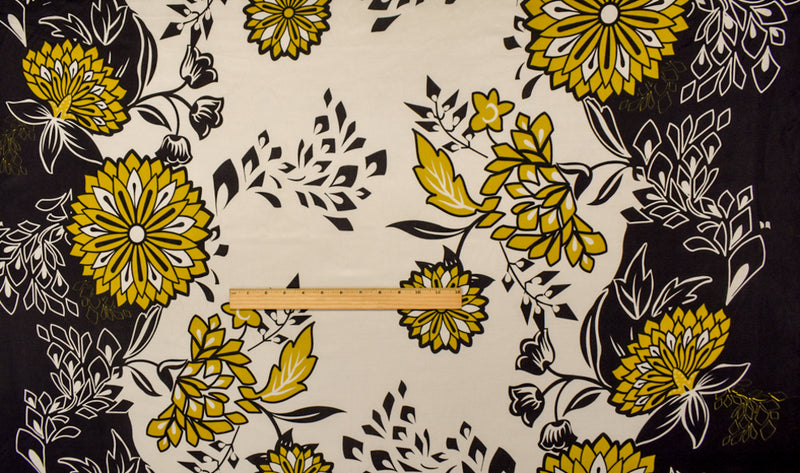 Black-Dijon-White Floral Border Printed Stretch Silk Jersey Knit Fabric