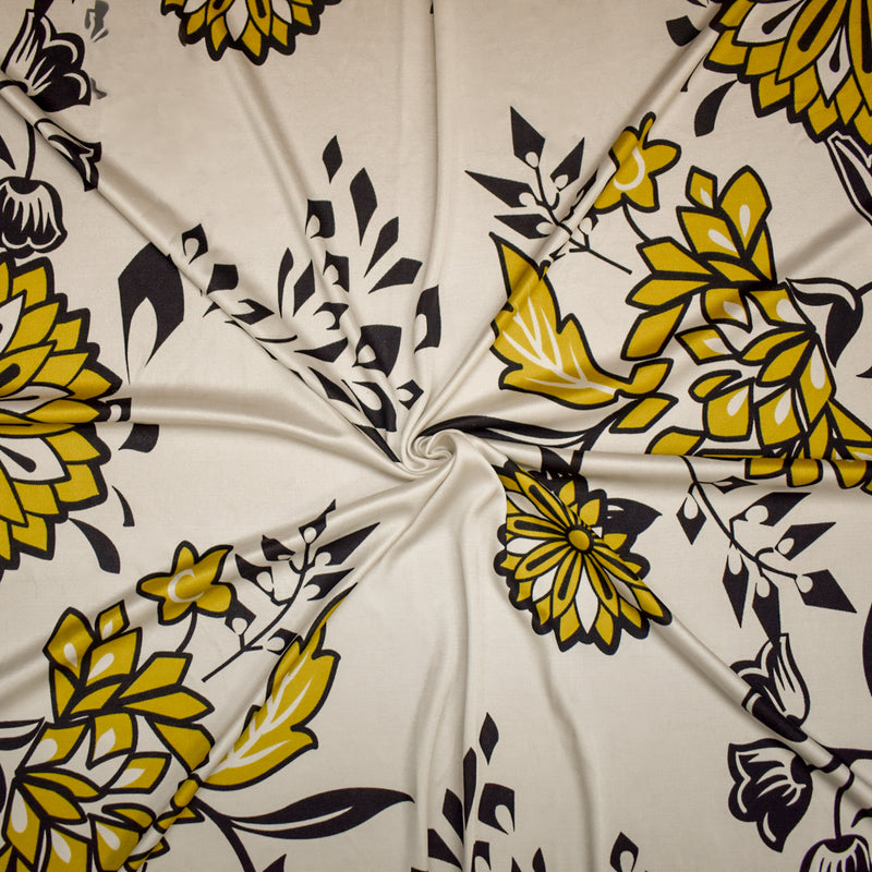 Black-Dijon-White Floral Border Printed Stretch Silk Jersey Knit Fabric