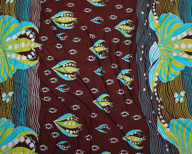 Brown-Lime-Multi Floral Wave Printed Stretch Silk Jersey Knit Fabric