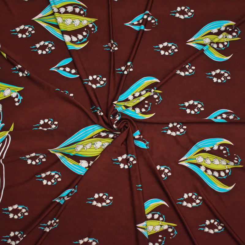 Brown-Lime-Multi Floral Wave Printed Stretch Silk Jersey Knit Fabric