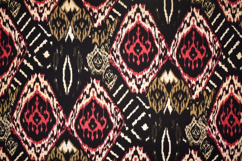 Black-Multi Abstract Diamond Ikat Printed Stretch Silk Jersey Knit Fabric