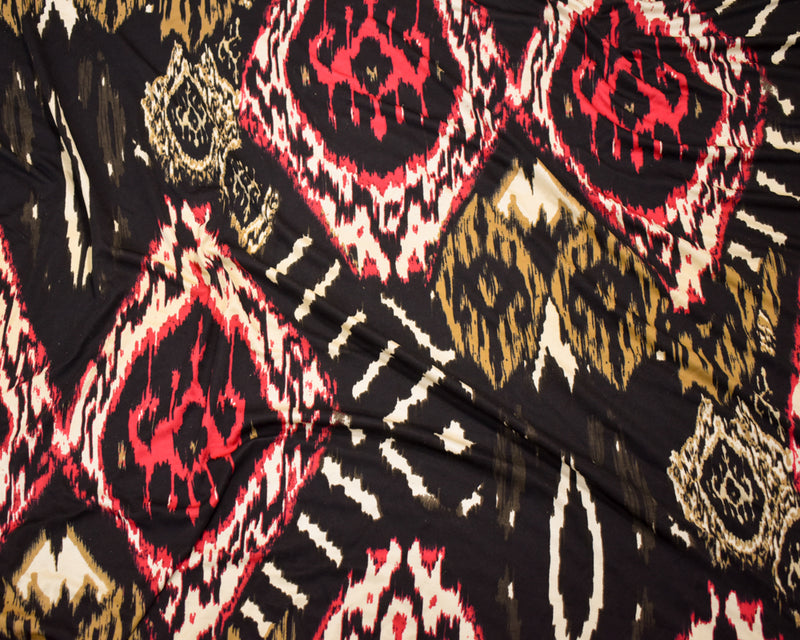 Black-Multi Abstract Diamond Ikat Printed Stretch Silk Jersey Knit Fabric