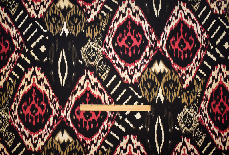 Black-Multi Abstract Diamond Ikat Printed Stretch Silk Jersey Knit Fabric