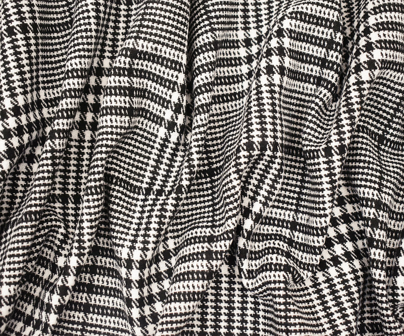 Black-White Melton Poly-Wool Glen Plaid Woven Jacketing Fabric