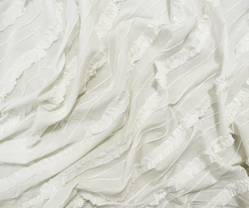 White Cotton Ruffle Pin-Tuck Diagonal Striped Voile Woven Fabric