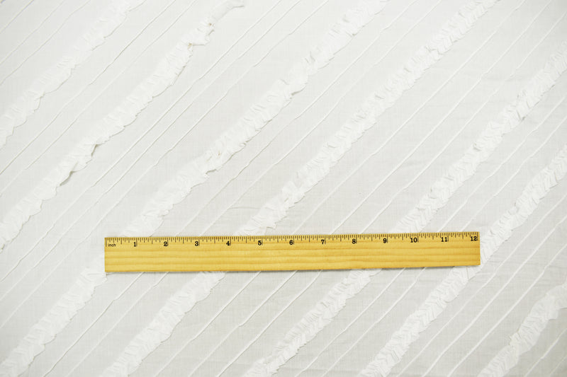 White Cotton Ruffle Pin-Tuck Diagonal Striped Voile Woven Fabric