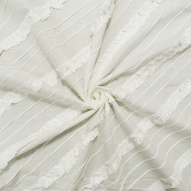 White Cotton Ruffle Pin-Tuck Diagonal Striped Voile Woven Fabric