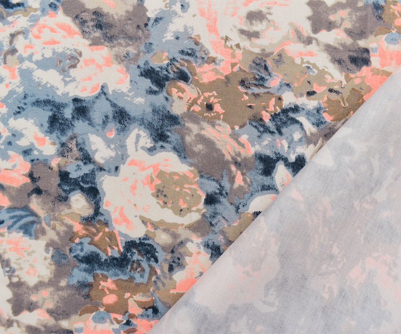 Blue-Coral-Multi Abstract Floral Print Stretch Spandex Twill Sateen Fabric