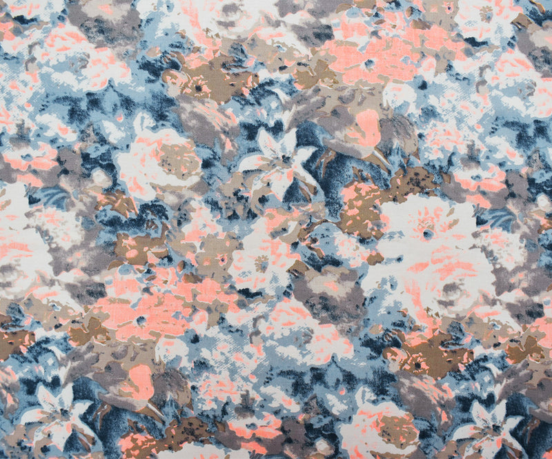 Blue-Coral-Multi Abstract Floral Print Stretch Spandex Twill Sateen Fabric