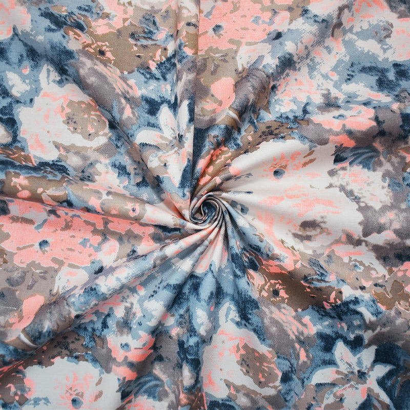 Blue-Coral-Multi Abstract Floral Print Stretch Spandex Twill Sateen Fabric