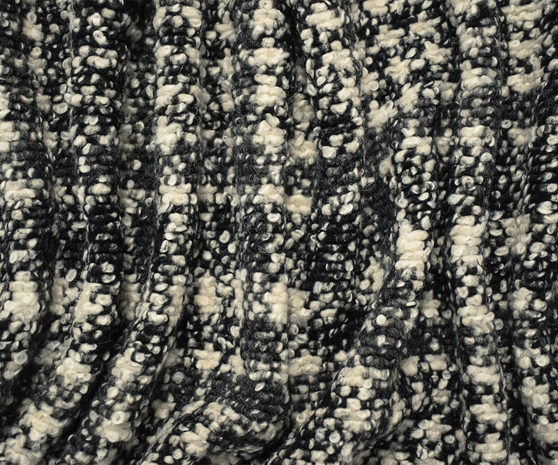 Black-Multi Boiled Italian Wool-Poly Abstract Plaid Boucle Knit Coating Fabric