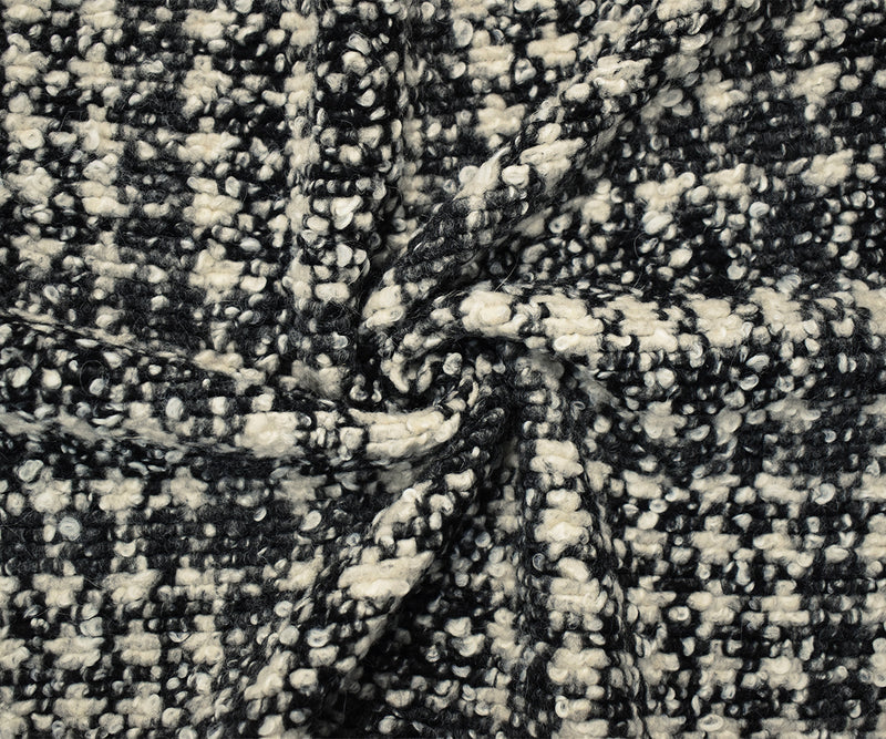 Black-Multi Boiled Italian Wool-Poly Abstract Plaid Boucle Knit Coating Fabric