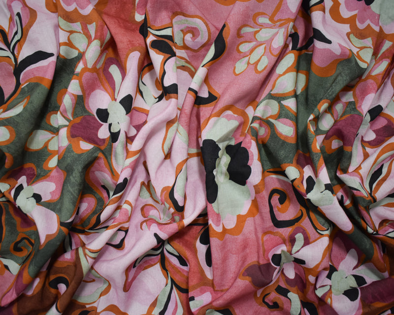 Pink-Red-Multi Cotton-Rayon Floral Printed Lawn Woven Fabric
