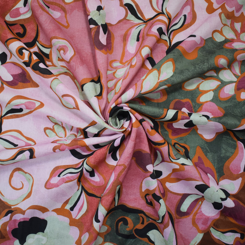 Pink-Red-Multi Cotton-Rayon Floral Printed Lawn Woven Fabric