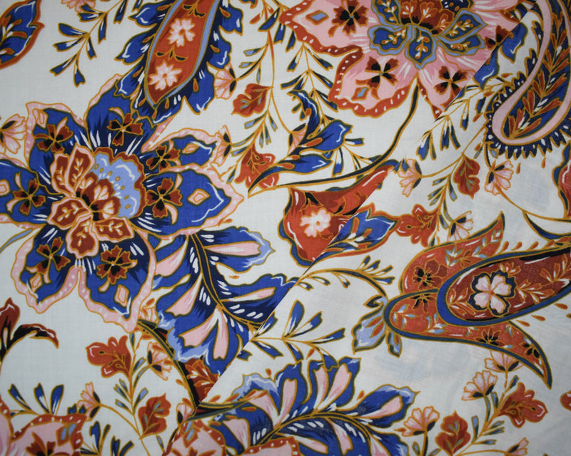 Blue-Orange-Multi Cotton-Rayon Floral Printed Lawn Woven Fabric
