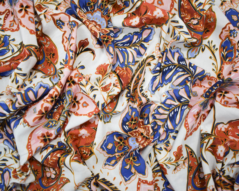 Blue-Orange-Multi Cotton-Rayon Floral Printed Lawn Woven Fabric