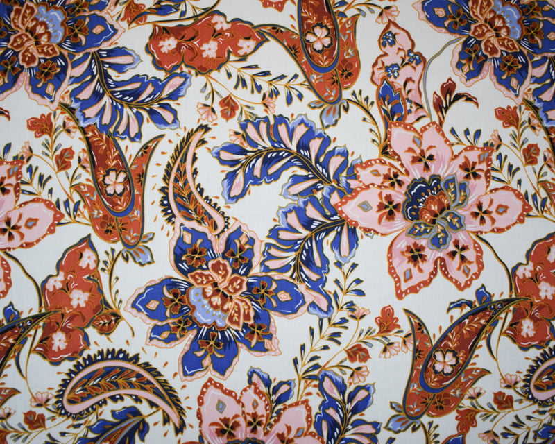 Blue-Orange-Multi Cotton-Rayon Floral Printed Lawn Woven Fabric