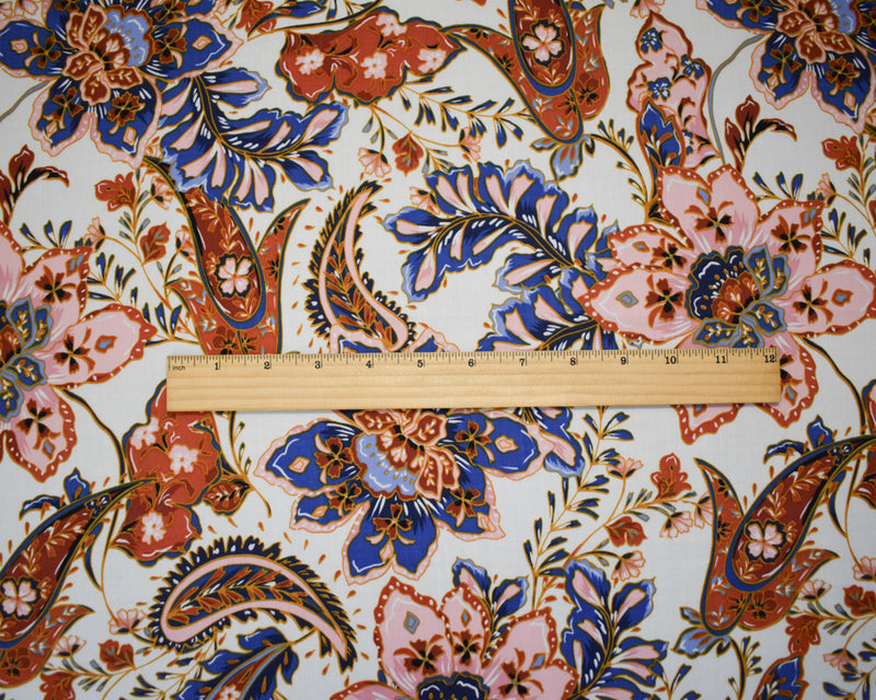 Blue-Orange-Multi Cotton-Rayon Floral Printed Lawn Woven Fabric