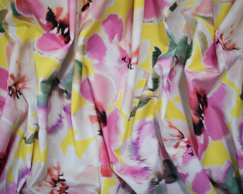 Pink-Yellow-Multi Cotton Floral Printed Broadcloth Woven Fabric