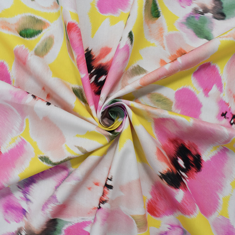 Pink-Yellow-Multi Cotton Floral Printed Broadcloth Woven Fabric