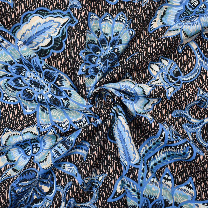 Blue-Peach-Multi Cotton-Rayon Floral Printed Lawn Woven Fabric