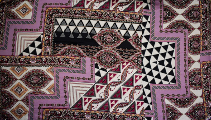 Purple-Beige-Multi Polyester Multi Pattern Border Printed Charmeuse Woven Fabric