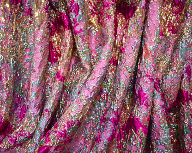 Fuchsia Pink-Gold Poly Blend Abstract Matelasse Jacquard Brocade Woven Fabric