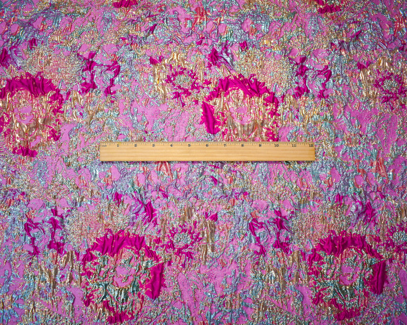 Fuchsia Pink-Gold Poly Blend Abstract Matelasse Jacquard Brocade Woven Fabric